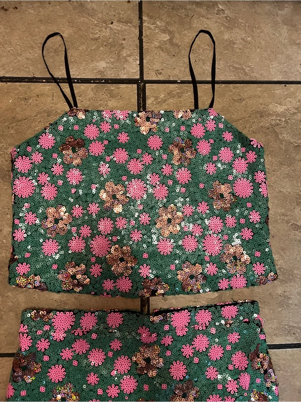 TOPSHOP Size 8 Green Pink Sequin Floral Crop Top Mini Skirt 2 Piece Set